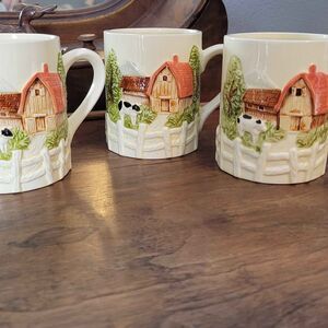 3 Vintage Japan 3D Farm Scene Mugs Barn Cow Fencing